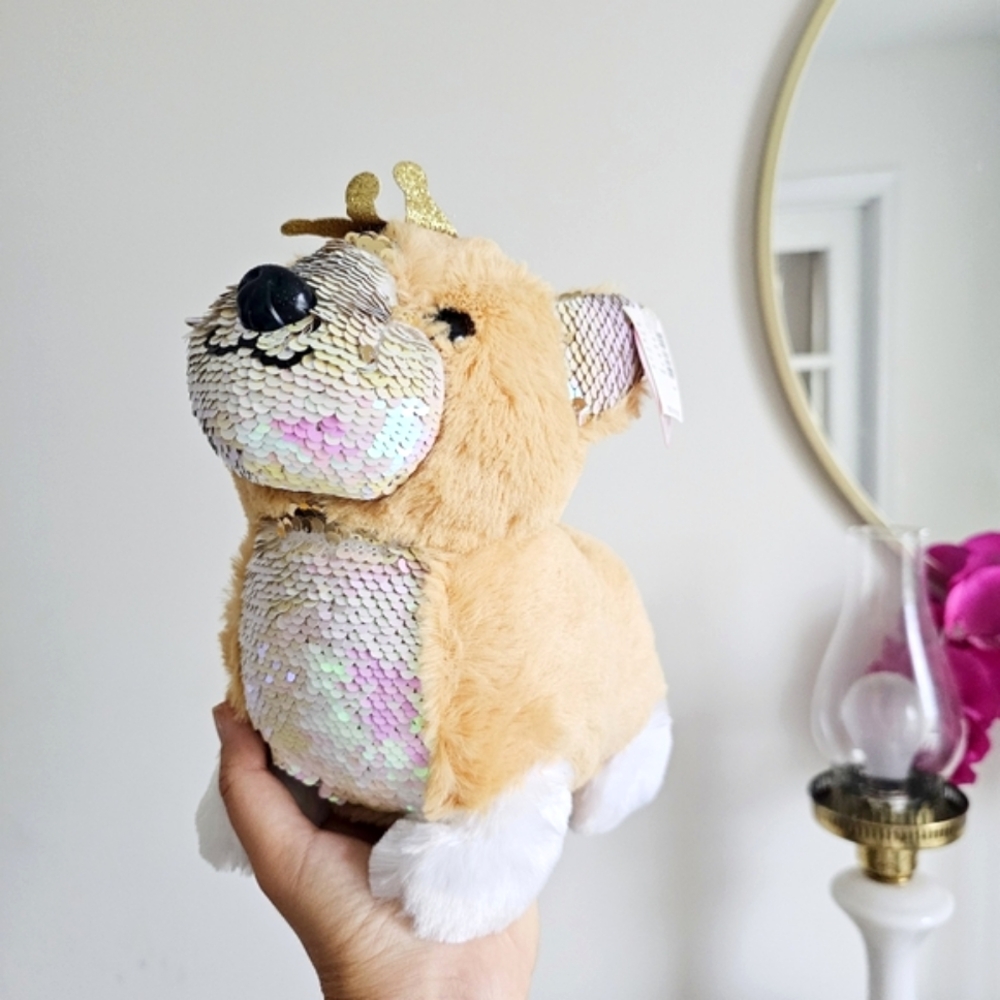 NWT Justice Corgi Plush Flip Sequin Puppy Gold Crown Cute Stuffed Dog